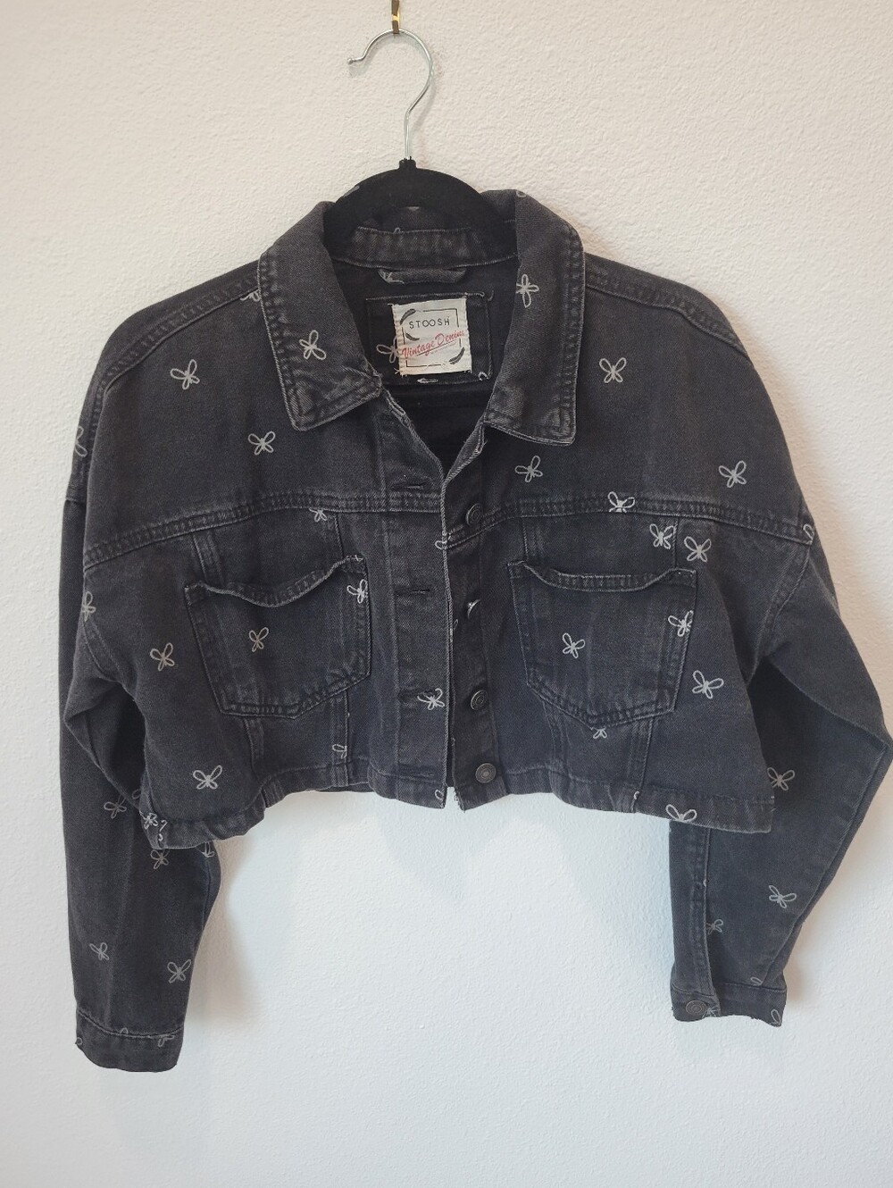Stoosh Womens M Cropped Black‎ Denim Jacket Bows Grunge Cute